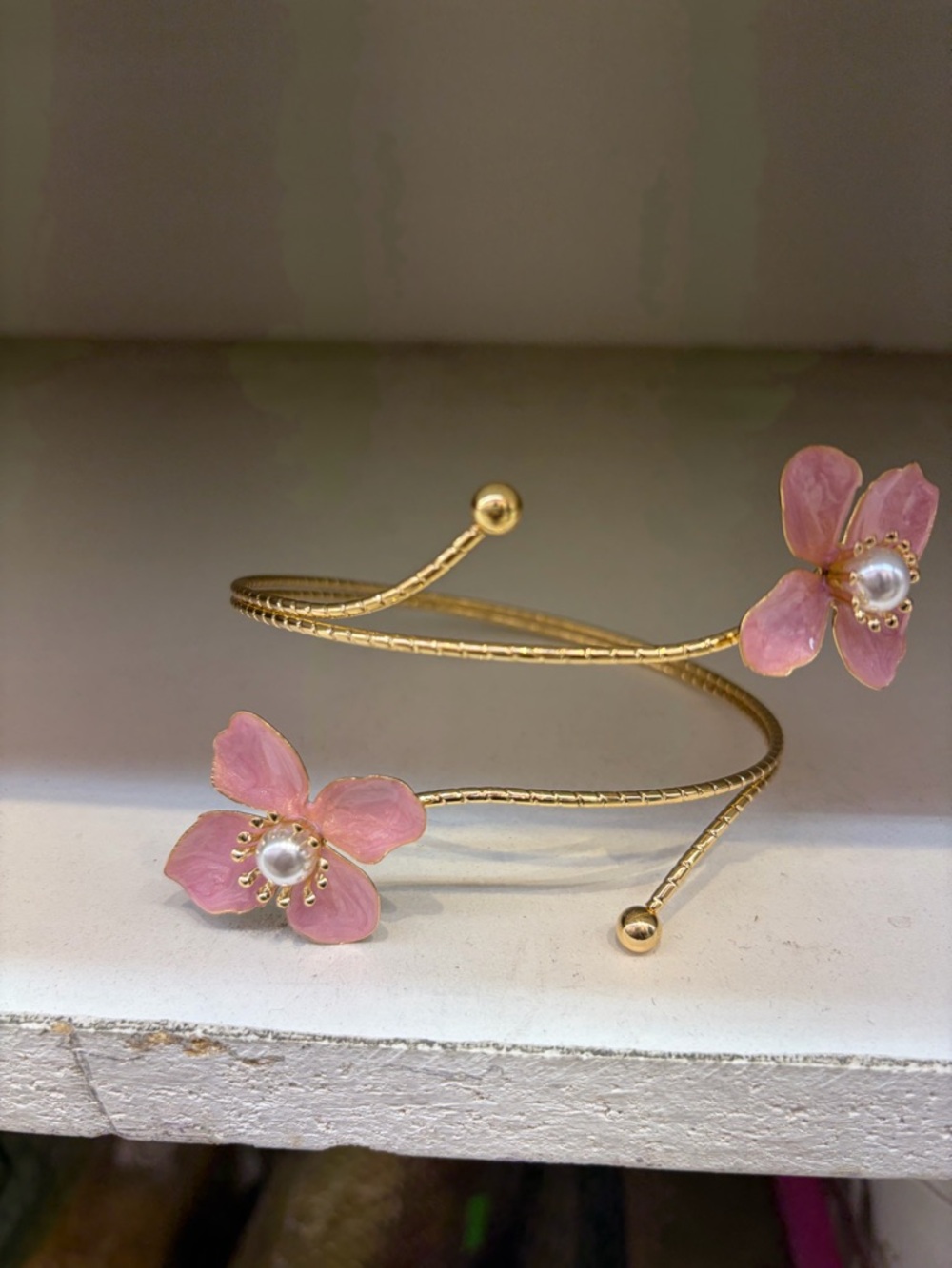 Gold Floral Open Arm Cuff Bracelet with Pink Enamel Flowers